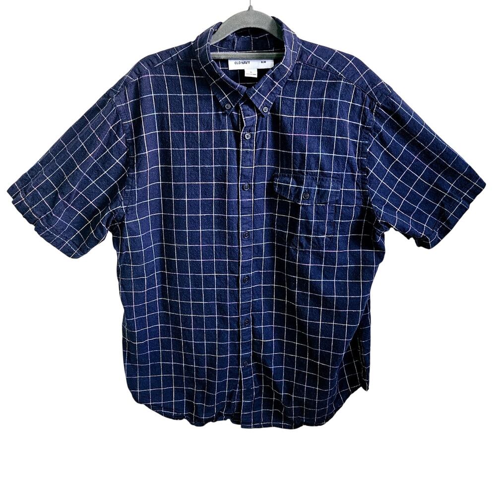 Old Navy Men's XL Slim Fit Short Sleeve Casual Button Up Navy Blue Linen Blend